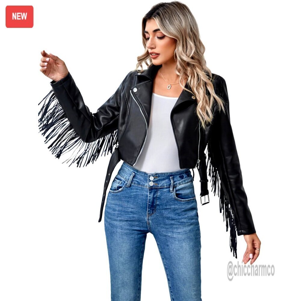 Short Faux Leather Moto Jacket with Tassel Trim Belted Cropped